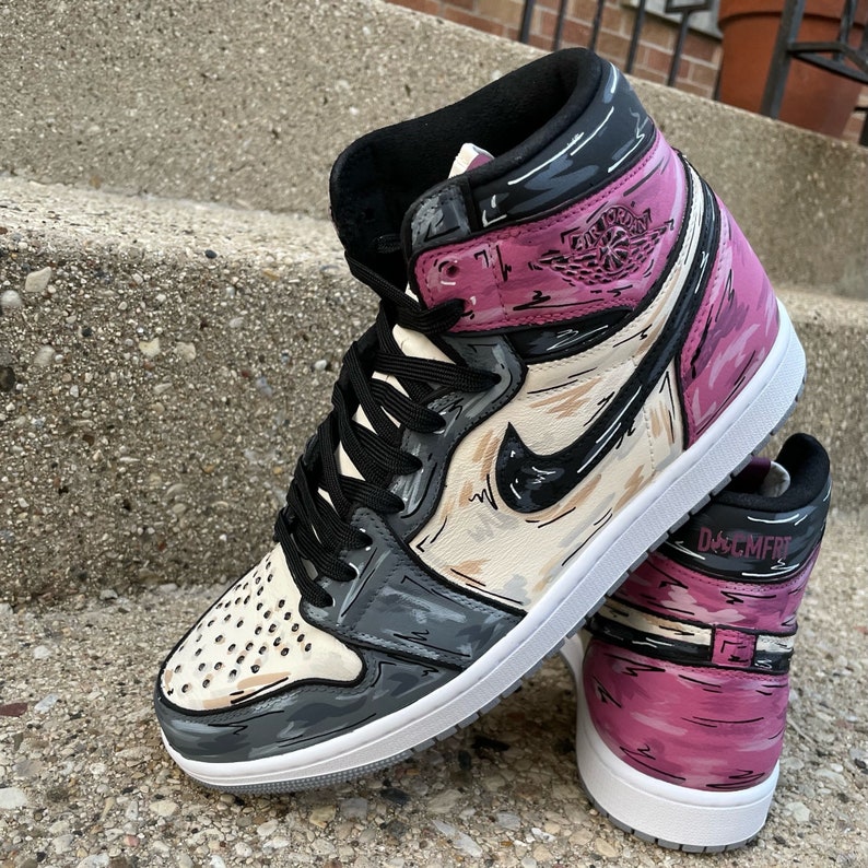 Custom Cartoon Air Jordan 1 / Pink / Grey / Cherry Blossom