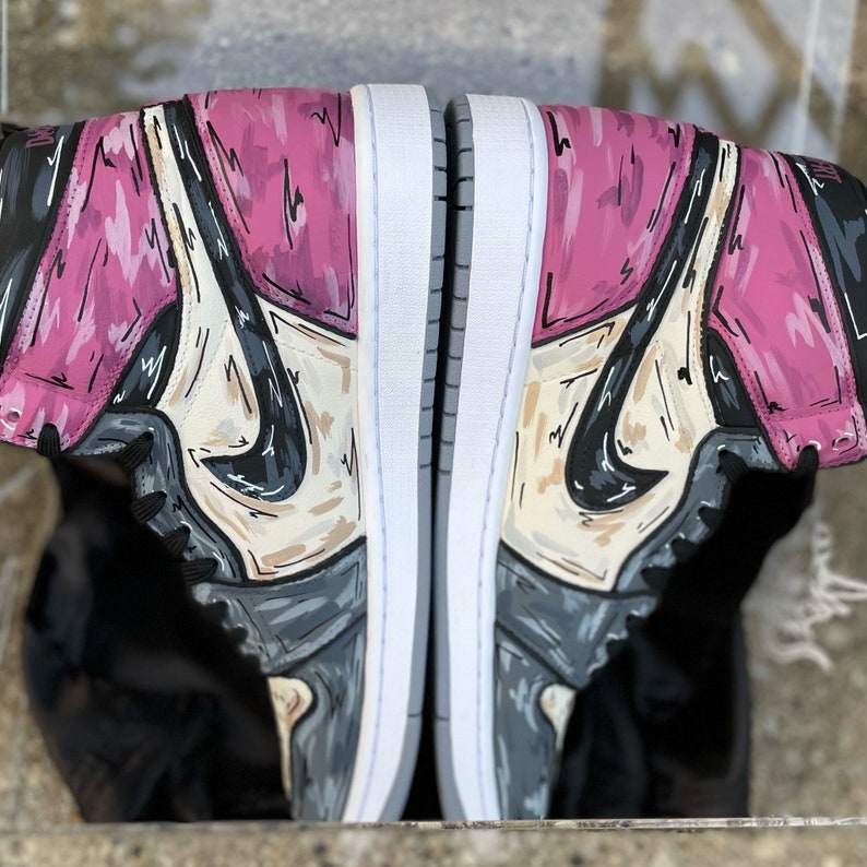 Custom Cartoon Air Jordan 1 / Pink / Grey / Cherry Blossom - Image 5