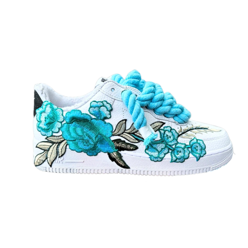 Custom Embroidered Floral Blue / Turquoise / White Air Force 1 Low